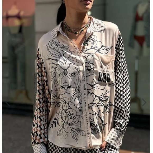 Me369 Tops - Me369 Scarlett Tattoo Print Silk Shirt